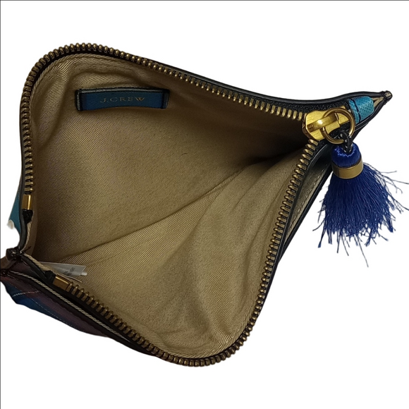 J.CREW BLUE & PINK PLAID ENVELOPE LEATHER CLUTCH WITH TASSEL - Picture 7 of 12